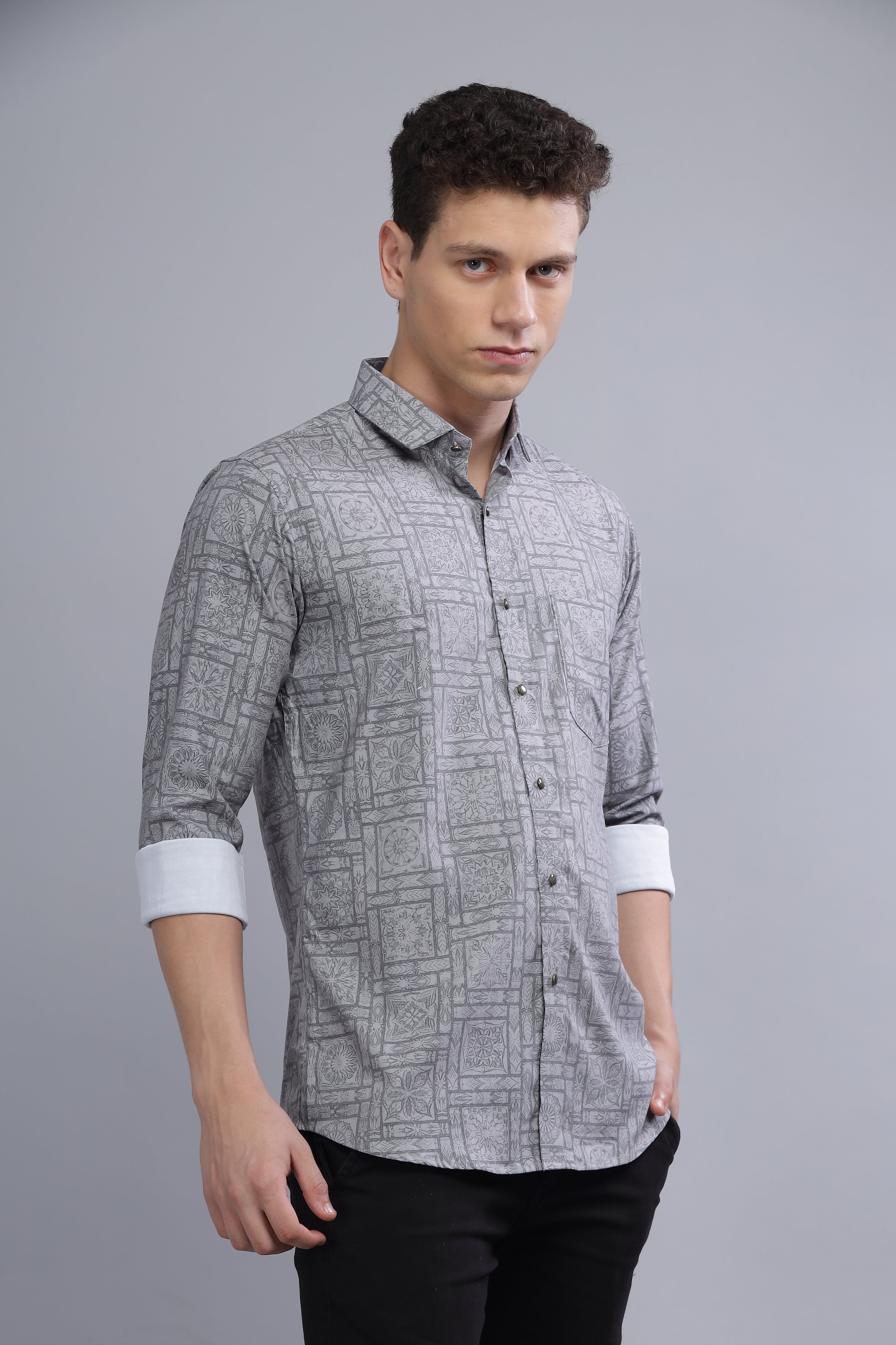 Digital Print Cotton Grey Blend Shirt