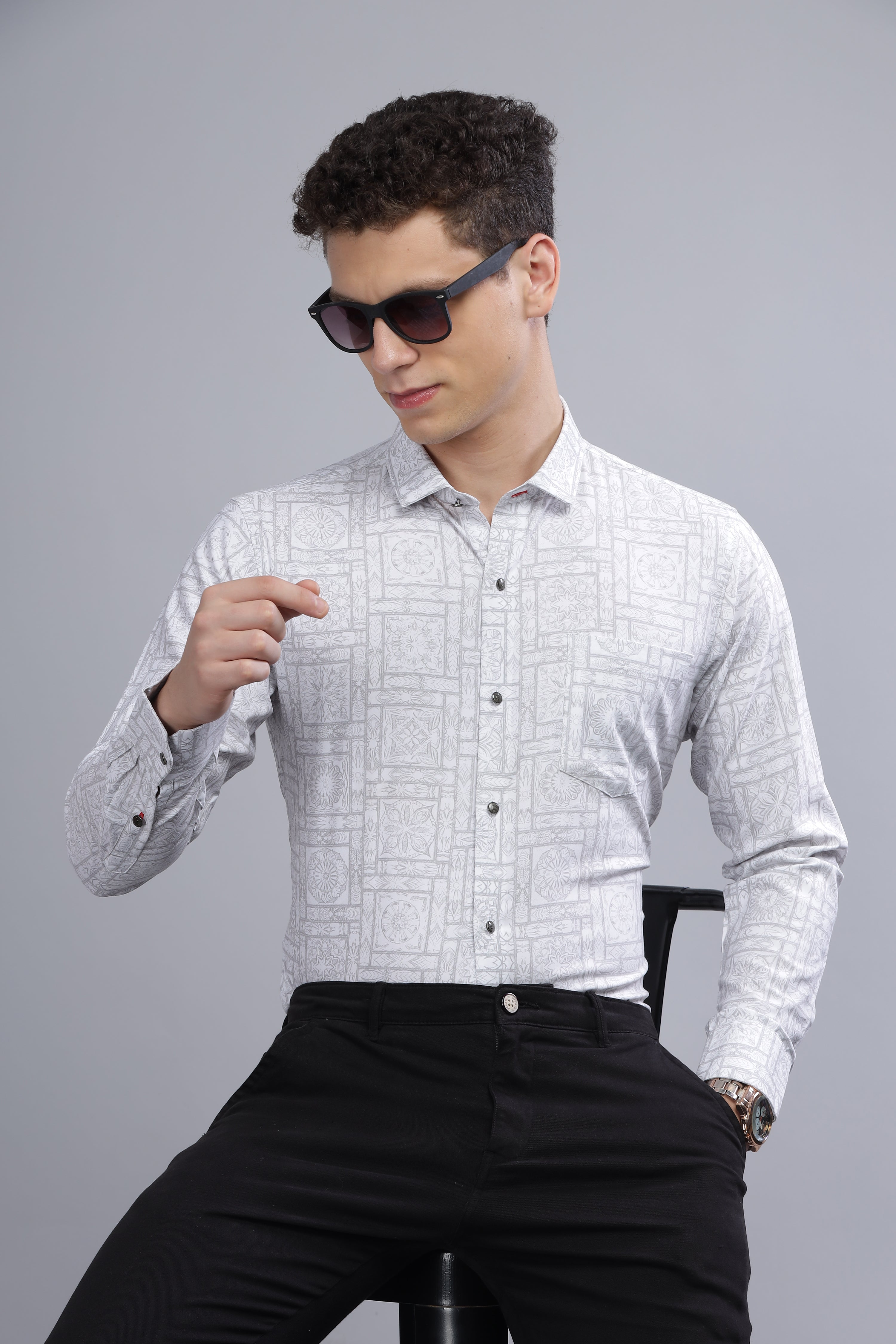 Digital Print Cotton White Blend Shirt