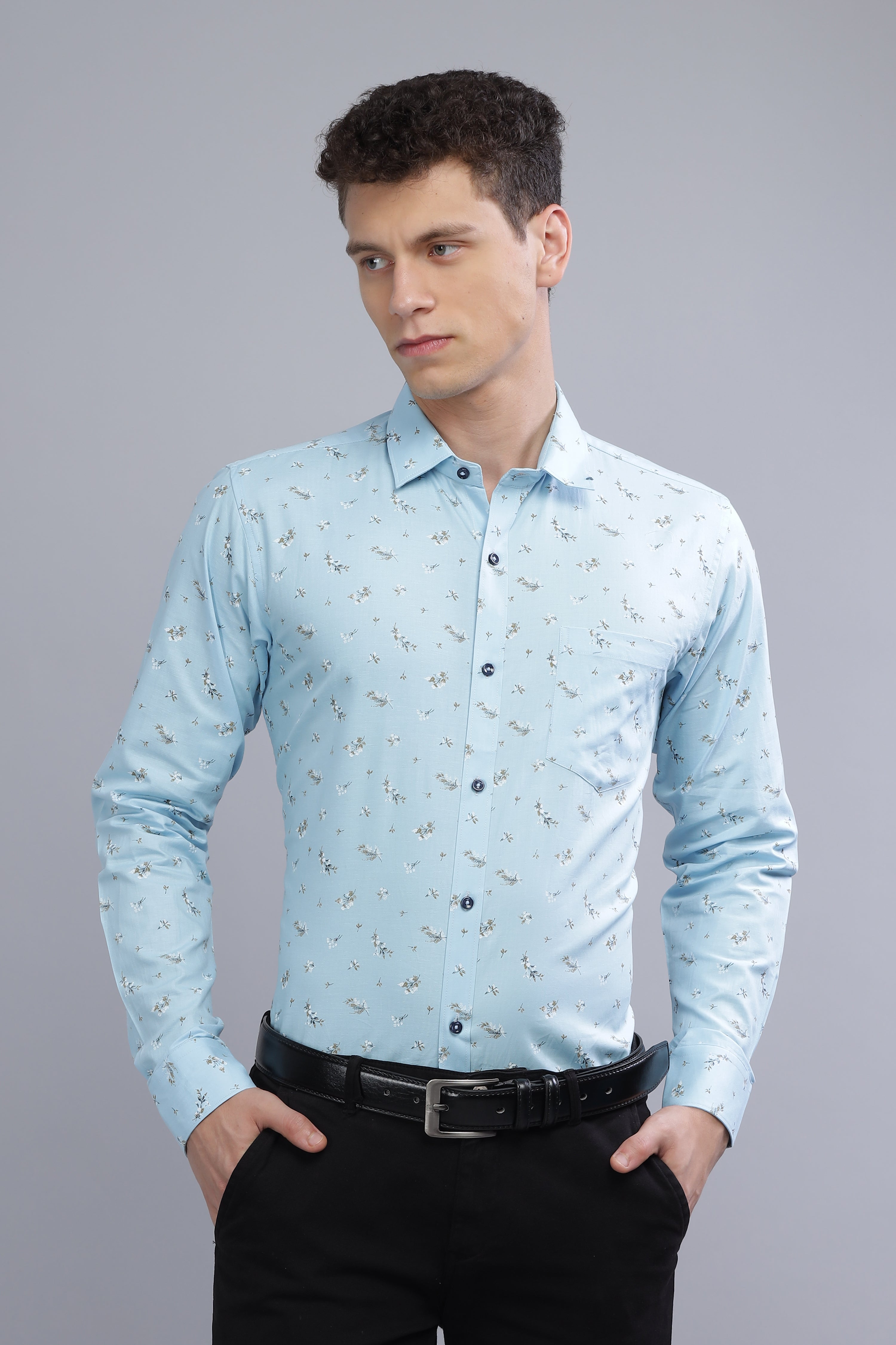 Casual Floral Print Blue Shirt