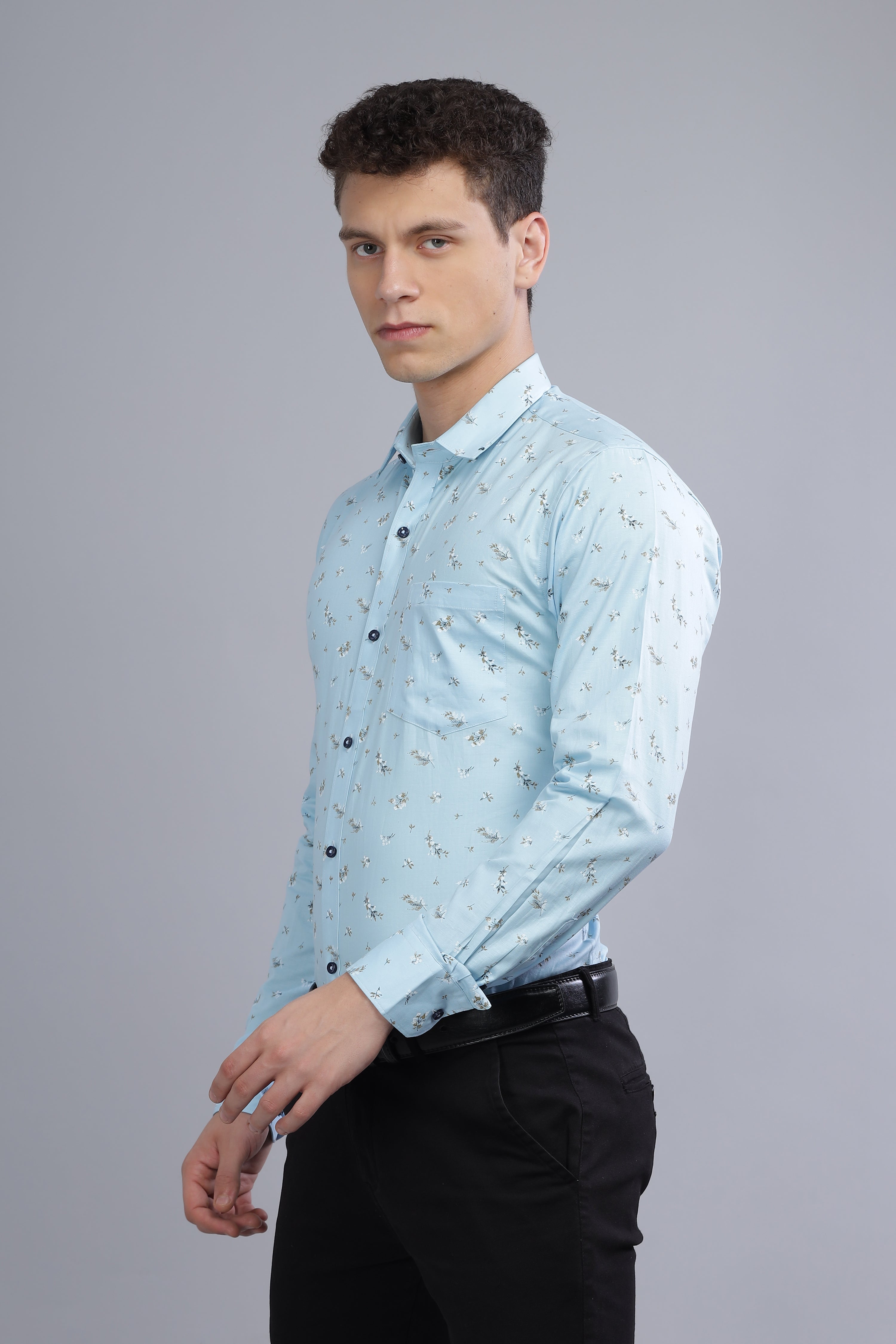 Casual Floral Print Blue Shirt