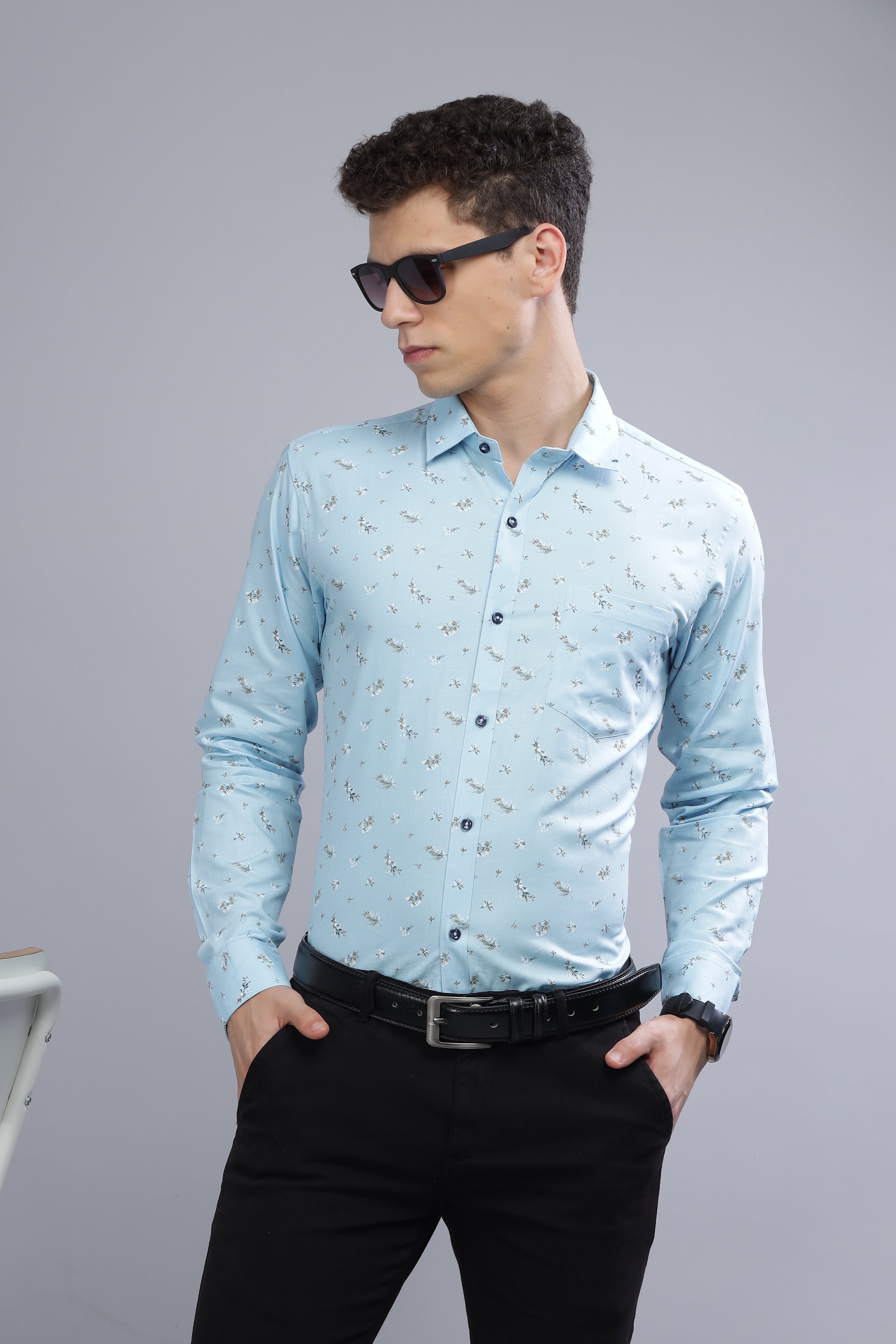 Casual Floral Print Blue Shirt