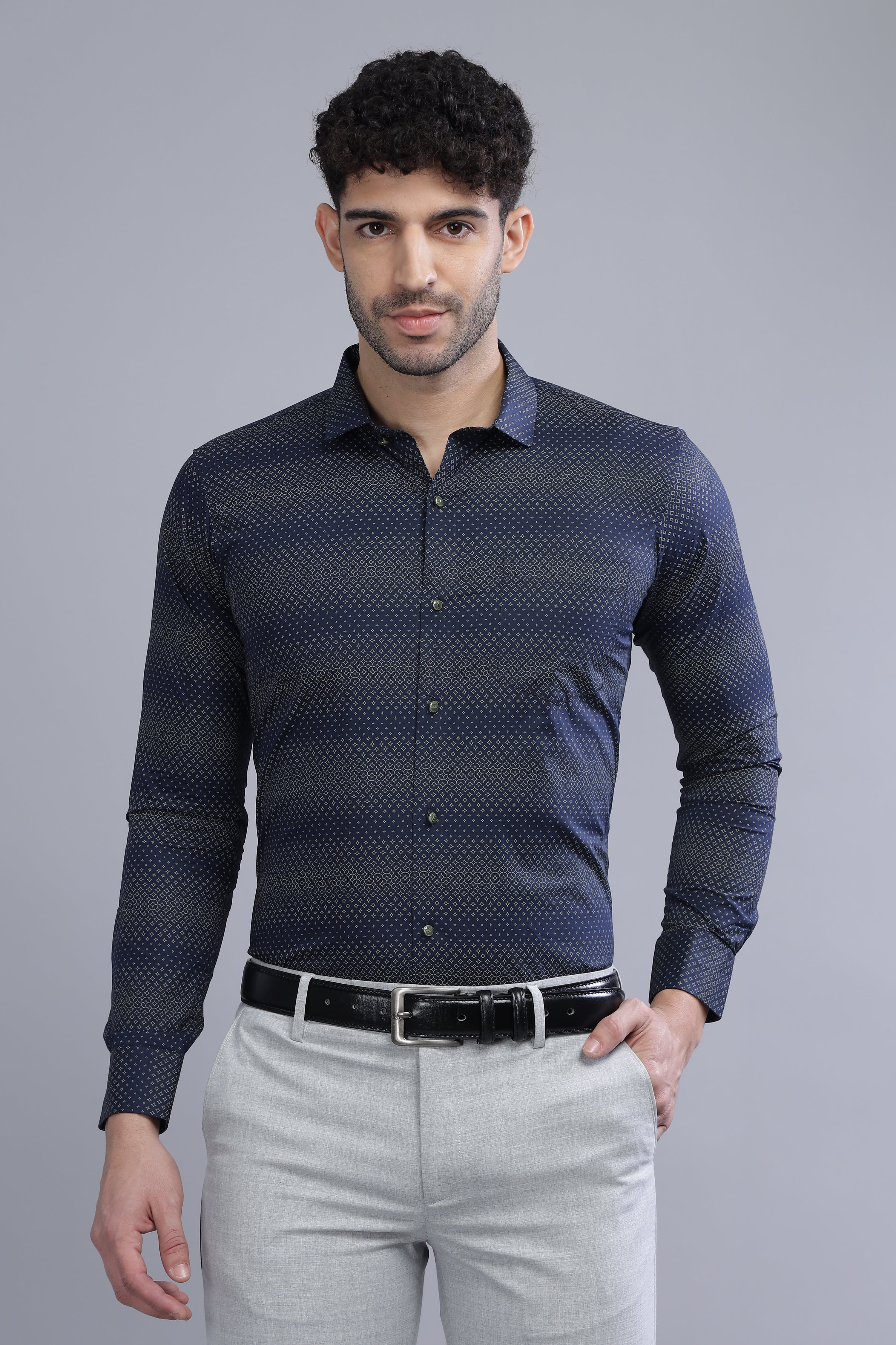 Full Sleeves Navy Blue Regular Printed Shirt