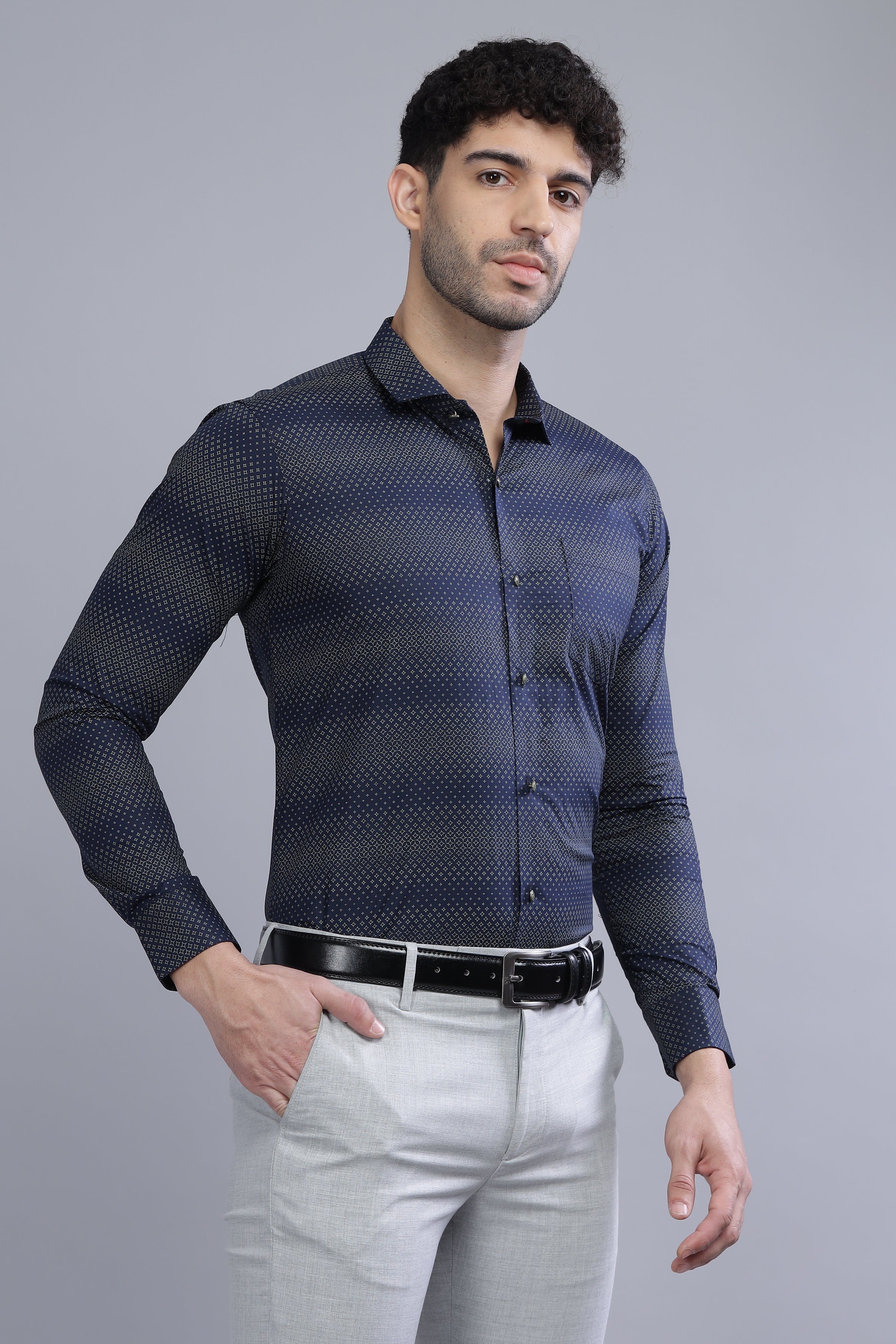 Full Sleeves Navy Blue Regular Printed Shirt