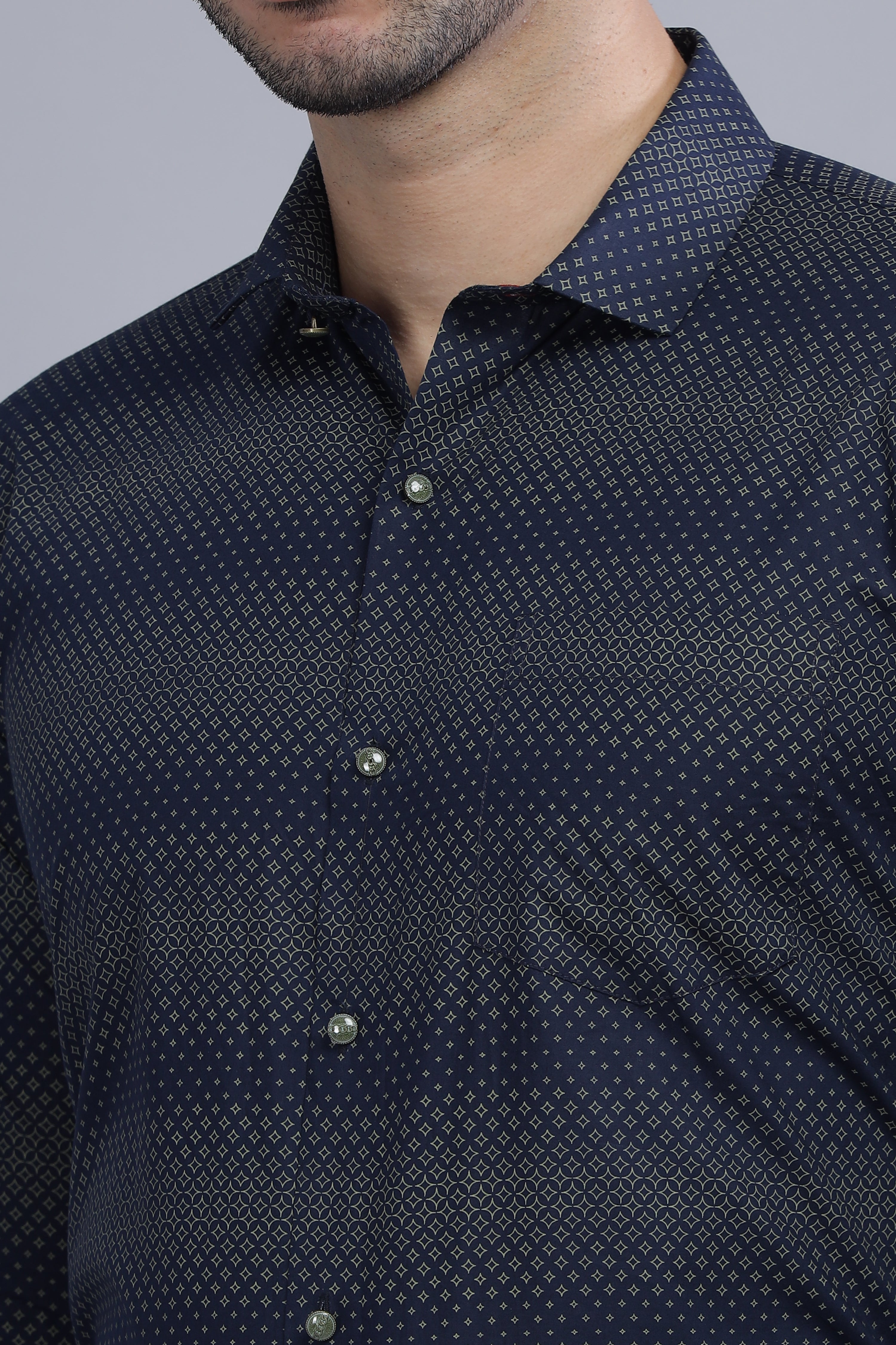 Full Sleeves Navy Blue Regular Printed Shirt