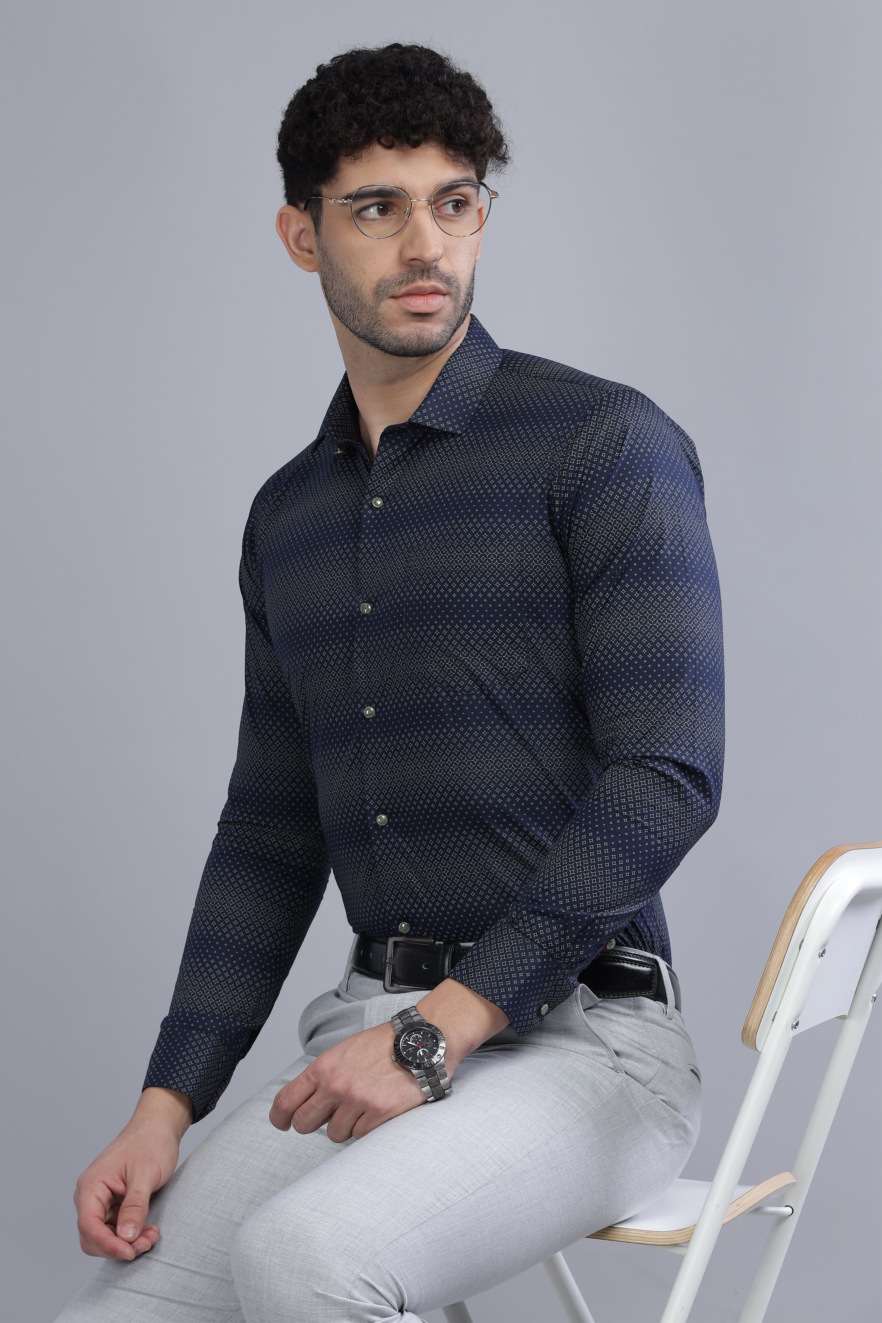 Full Sleeves Navy Blue Regular Printed Shirt